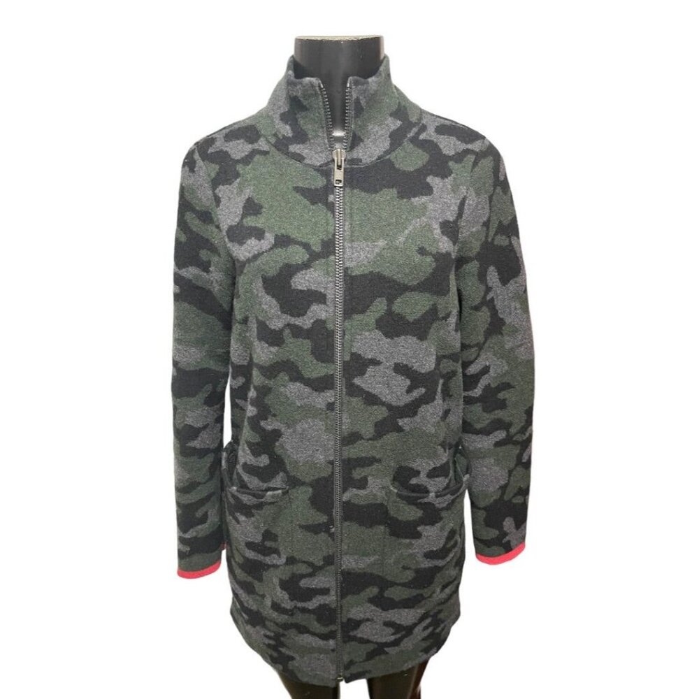 XS Field Flower Anthropologie Wool Full Zip Sweater Coat Jacket Green Camo Women